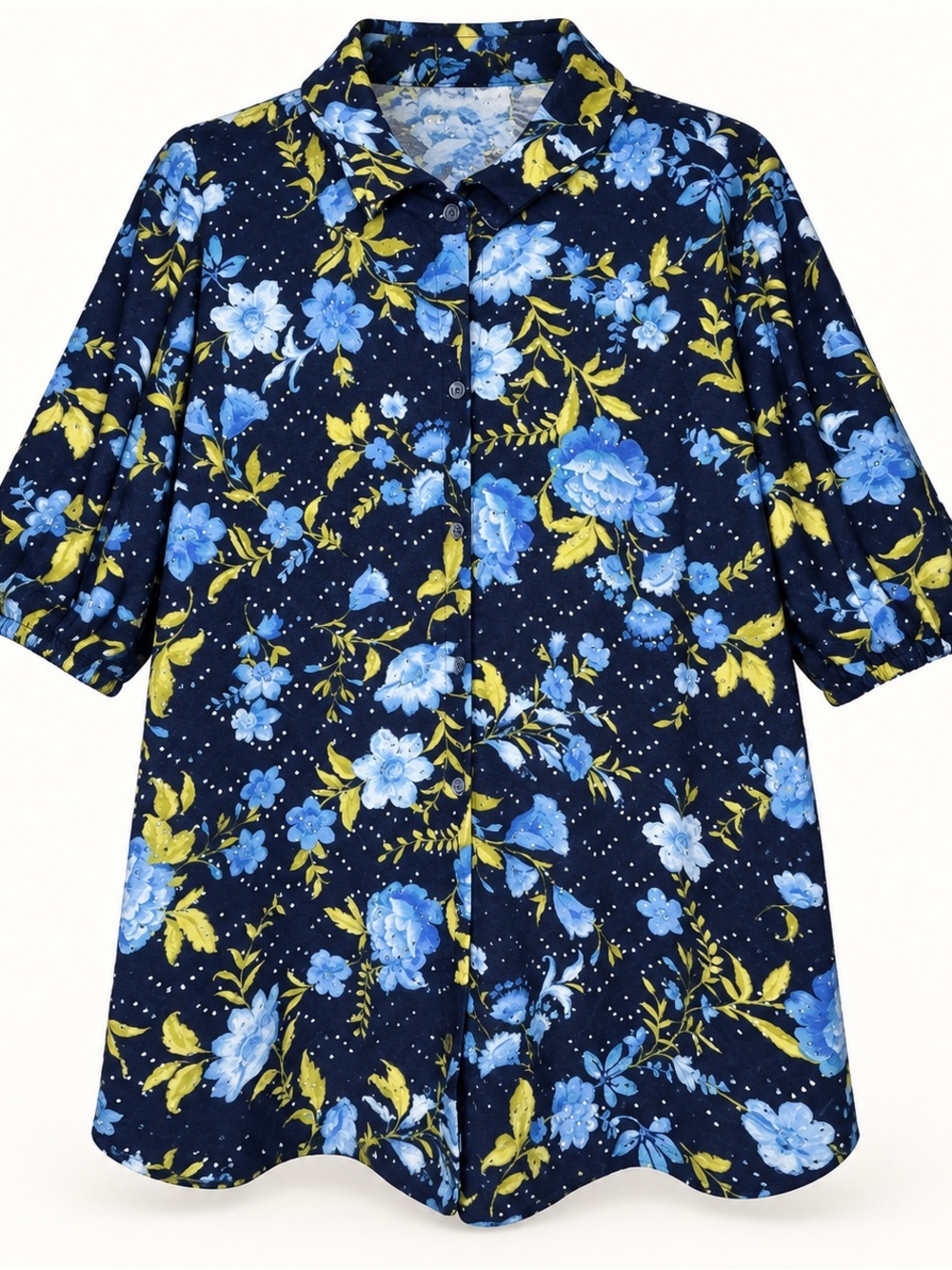Susan Graver 1X Navy Blue Floral Eyelet Button Front Tunic Blouse